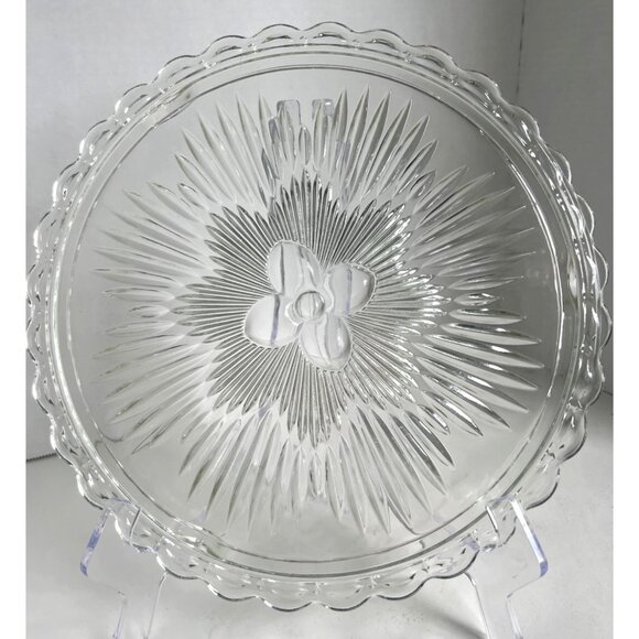 EAPG Indiana Clear Glass Serving Cake Plate Sunburst Design Scalloped Atomic Age - Picture 3 of 8